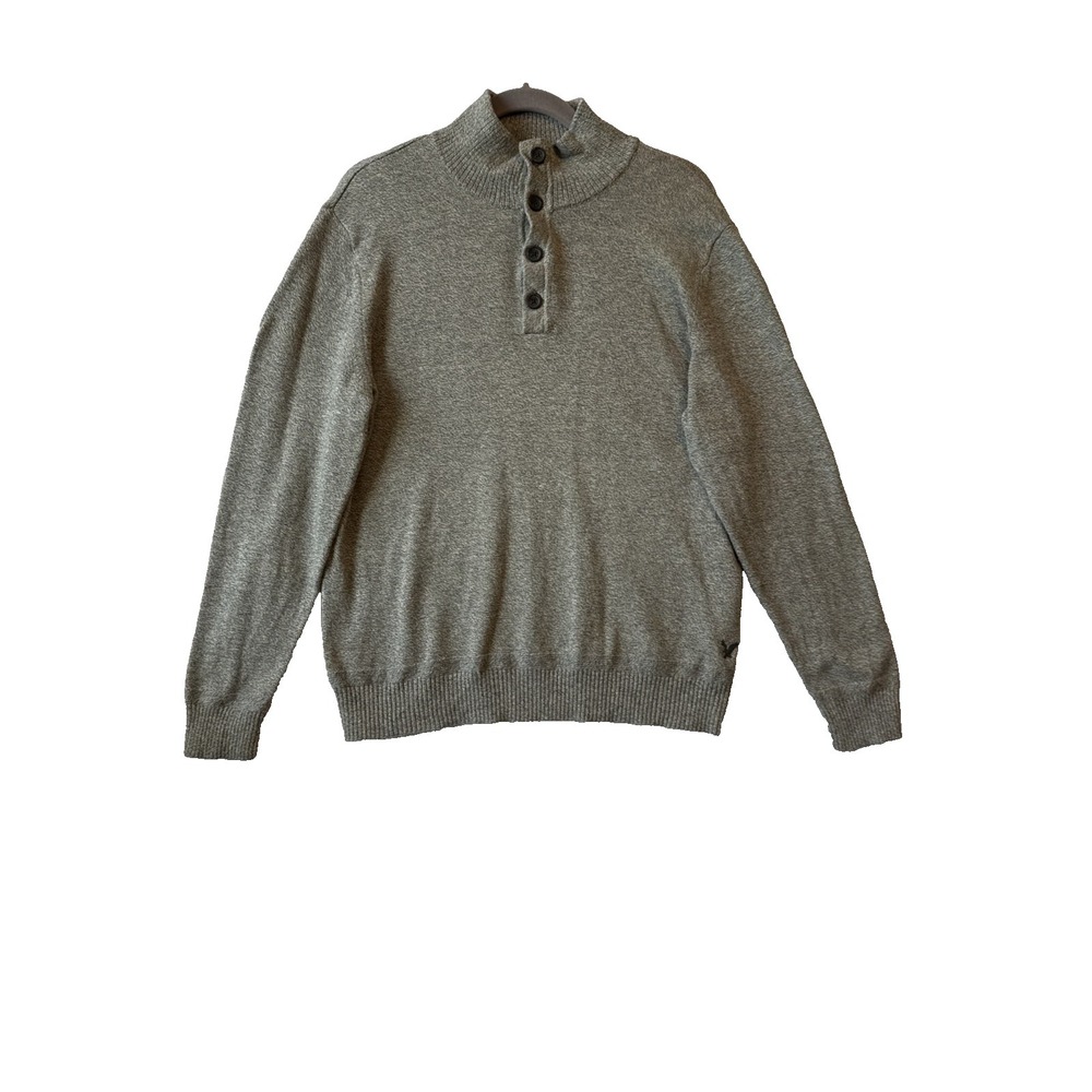 American Eagle Henley Mock Neck Knit‎ Sweater L Classic Fit Gray Preppy Luxury